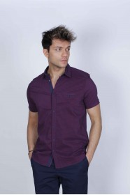 SPORT COTTON SHIRT WITH SHORT SLEEVE CHECKED FRONT. BORDO