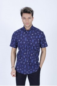 LINEN SHIRT IN NAVY BLUE COLOUR, SHORT SLEEVES, REGULAR FIT MOLD