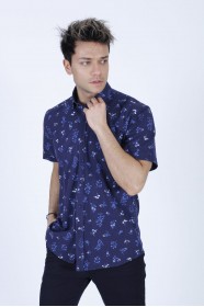 LINEN SHIRT IN NAVY BLUE COLOUR, SHORT SLEEVES, REGULAR FIT MOLD