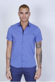 CHECKED FRONT, SHORT SLEEVE, SPORTS CUT, COTTON SHIRT. SAXBLUE