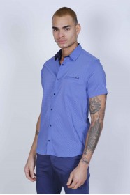 CHECKED FRONT, SHORT SLEEVE, SPORTS CUT, COTTON SHIRT. SAXBLUE