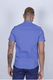 CHECKED FRONT, SHORT SLEEVE, SPORTS CUT, COTTON SHIRT. SAXBLUE