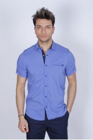 SPORT COTTON SHIRT IN BLUE COLORED, SHORT SLEEVE, SNAP-BUTTON ON THE FRONT.