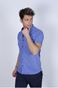 SPORT COTTON SHIRT IN BLUE COLORED, SHORT SLEEVE, SNAP-BUTTON ON THE FRONT.