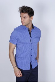 SPORT COTTON SHIRT IN BLUE COLORED, SHORT SLEEVE, SNAP-BUTTON ON THE FRONT.