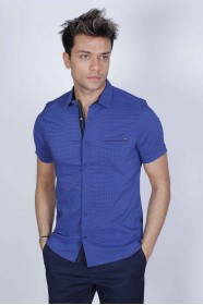 SPORT COTTON SHIRT IN SAX BLUE COLORED, SHORT SLEEVE, SNAP-BUTTON ON THE FRONT.