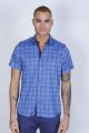 SPORT COTTON SHIRT IN SAX BLUE COLORED, SHORT SLEEVE, SNAP-BUTTON ON THE FRONT.