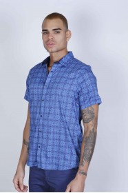 SPORT COTTON SHIRT IN BLUE COLORED, SHORT SLEEVE, SNAP-BUTTON ON THE FRONT.