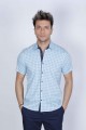 SPORT COTTON SHIRT IN SAX BLUE COLORED, SHORT SLEEVE, SNAP-BUTTON ON THE FRONT.