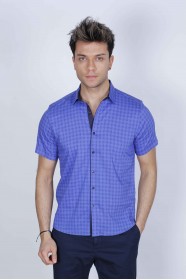 SPORT COTTON SHIRT IN SAX BLUE COLORED, SHORT SLEEVE, SNAP-BUTTON ON THE FRONT.