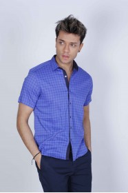 SPORT COTTON SHIRT IN SAX BLUE COLORED, SHORT SLEEVE, SNAP-BUTTON ON THE FRONT.