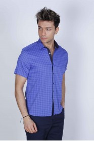 SPORT COTTON SHIRT IN SAX BLUE COLORED, SHORT SLEEVE, SNAP-BUTTON ON THE FRONT.