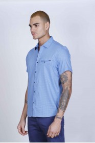 SPORT COTTON SHIRT IN BLUE COLORED, SHORT SLEEVE, SNAP-BUTTON ON THE FRONT.