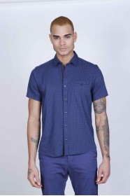 SPORT COTTON SHIRT IN NAVY BLUE COLORED, SHORT SLEEVE, SNAP-BUTTON ON THE FRONT.