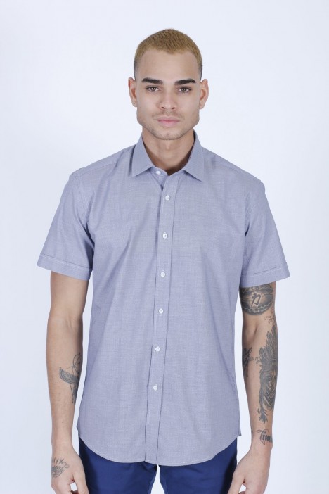 LINEN SHIRT IN NAVY BLUE COLOUR, SHORT SLEEVES, REGULAR FIT MOLD