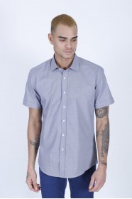LINEN SHIRT IN NAVY BLUE COLOUR, SHORT SLEEVES, REGULAR FIT MOLD