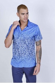 SPORT COTTON SHIRT IN BLUE COLORED, SHORT SLEEVE, SNAP-BUTTON ON THE FRONT.