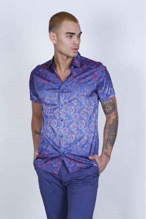 SPORT COTTON SHIRT IN ORANGE COLORED, SHORT SLEEVE, SNAP-BUTTON ON THE FRONT.