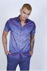 SPORT COTTON SHIRT IN ORANGE COLORED, SHORT SLEEVE, SNAP-BUTTON ON THE FRONT.