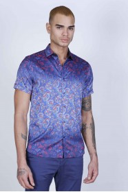 SPORT COTTON SHIRT IN ORANGE COLORED, SHORT SLEEVE, SNAP-BUTTON ON THE FRONT.