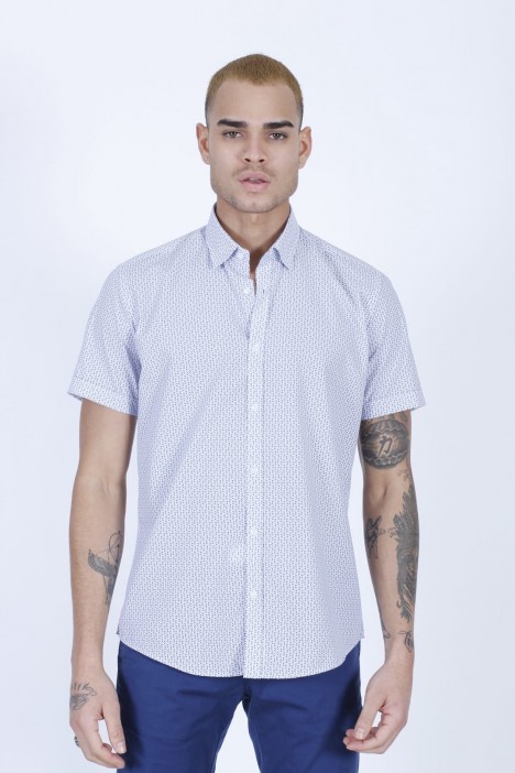 LINEN SHIRT IN NAVY BLUE COLOUR, SHORT SLEEVES, REGULAR FIT MOLD