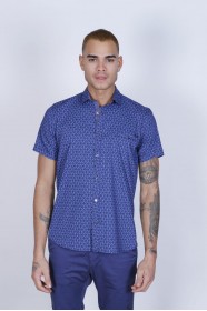 SPORT COTTON SHIRT IN NAVY BLUE COLORED, SHORT SLEEVE, SNAP-BUTTON ON THE FRONT.