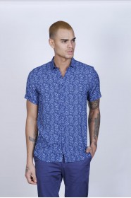 BAMBOO SHIRT IN NAVY BLUE, SHORT SLEEVES AND BUTTONS ON THE FRONT
