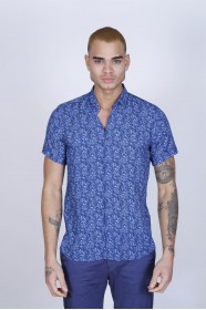 BAMBOO SHIRT IN DARK NAVY BLUE, SHORT SLEEVES AND BUTTONS ON THE FRONT