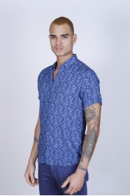 BAMBOO SHIRT IN DARK NAVY BLUE, SHORT SLEEVES AND BUTTONS ON THE FRONT