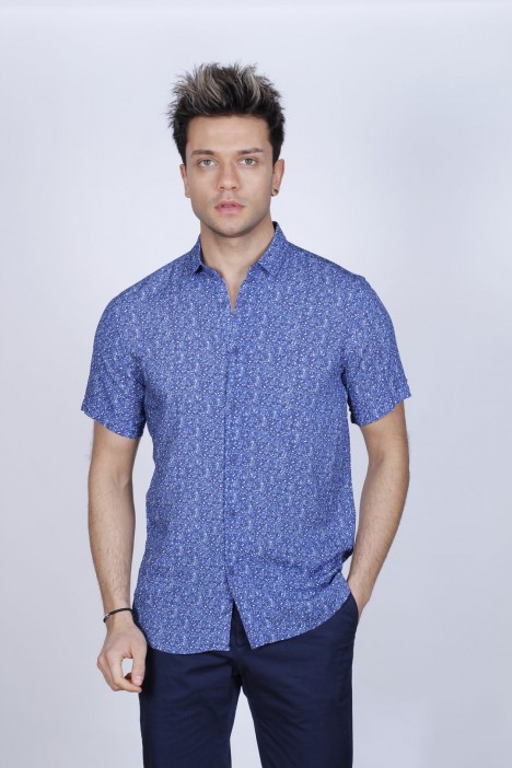 BAMBOO SHIRT IN DARK NAVY BLUE, SHORT SLEEVES AND BUTTONS ON THE FRONT