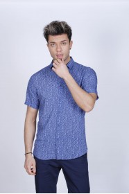 BAMBOO SHIRT IN DARK NAVY BLUE, SHORT SLEEVES AND BUTTONS ON THE FRONT