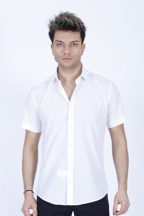 WHITE COLOUR, SHORT SLEEVE, REGULAR FIT FRONT BUTTONED SATIN SHIRT.