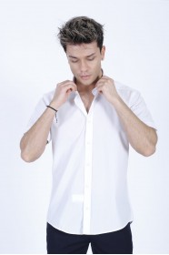 WHITE COLOUR, SHORT SLEEVE, REGULAR FIT FRONT BUTTONED SATIN SHIRT.