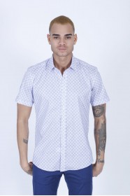 WHITE- BLUE COLOUR, SHORT SLEEVE, REGULAR FIT FRONT BUTTONED SATIN SHIRT.