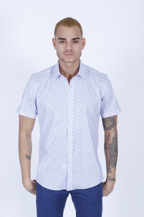 WHITE- BLUE COLOUR, SHORT SLEEVE, REGULAR FIT FRONT BUTTONED SATIN SHIRT.