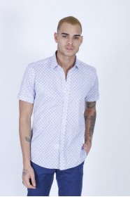 WHITE- BLUE COLOUR, SHORT SLEEVE, REGULAR FIT FRONT BUTTONED SATIN SHIRT.