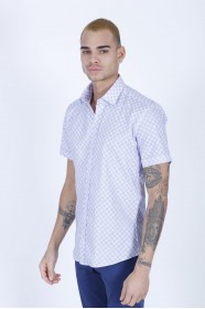 WHITE- BLUE COLOUR, SHORT SLEEVE, REGULAR FIT FRONT BUTTONED SATIN SHIRT.