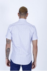 WHITE- BLUE COLOUR, SHORT SLEEVE, REGULAR FIT FRONT BUTTONED SATIN SHIRT.