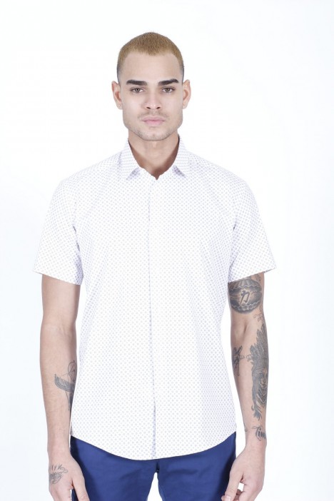 WHITE- MUSTARD COLOUR, SHORT SLEEVE, REGULAR FIT FRONT BUTTONED SATIN SHIRT.