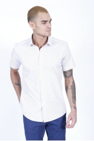 WHITE- MUSTARD COLOUR, SHORT SLEEVE, REGULAR FIT FRONT BUTTONED SATIN SHIRT.