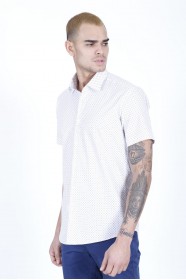WHITE- MUSTARD COLOUR, SHORT SLEEVE, REGULAR FIT FRONT BUTTONED SATIN SHIRT.