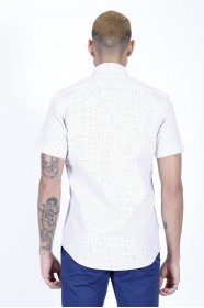 WHITE- MUSTARD COLOUR, SHORT SLEEVE, REGULAR FIT FRONT BUTTONED SATIN SHIRT.