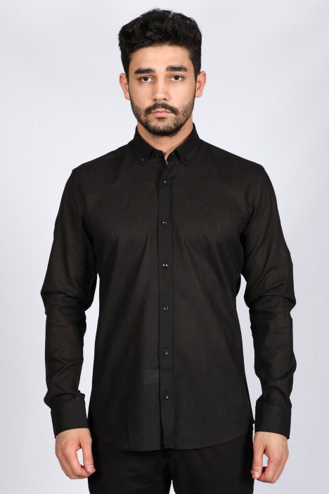 BLACK COLOUR, LONG SLEEVE, REGULAR FIT, COTTON LINEN SHIRT