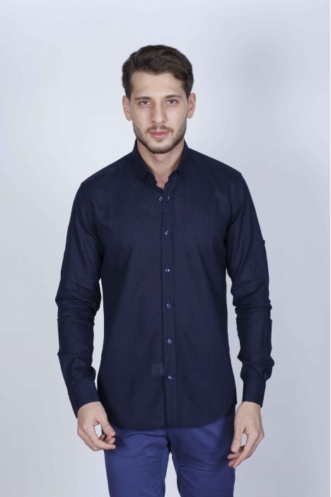 NAVY BLUE COLOUR, LONG SLEEVE, REGULAR FIT, COTTON LINEN SHIRT