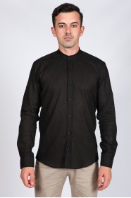 BLACK COLOR, LONG SLEEVE LINEN SHIRT WITH STAND-UP COLLAR