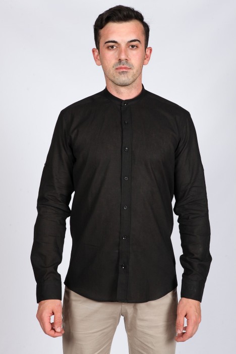 BLACK COLOR, LONG SLEEVE LINEN SHIRT WITH STAND-UP COLLAR