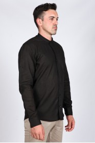BLACK COLOR, LONG SLEEVE LINEN SHIRT WITH STAND-UP COLLAR