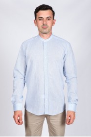BLUE COLOR, LONG SLEEVE LINEN SHIRT WITH STAND-UP COLLAR