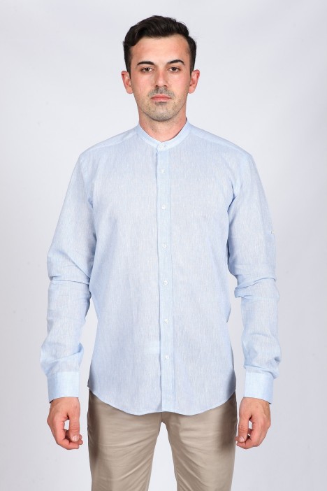 BLUE COLOR, LONG SLEEVE LINEN SHIRT WITH STAND-UP COLLAR