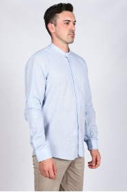 BLUE COLOR, LONG SLEEVE LINEN SHIRT WITH STAND-UP COLLAR